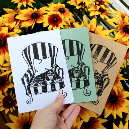 Cat in Vintage Chair Handmade Linocut Greeting Card