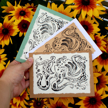 Inky Octopus Linocut Handmade Greeting Card