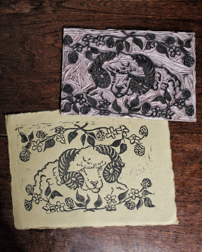 Rustic Blackberry Ram Handmade Linocut Print