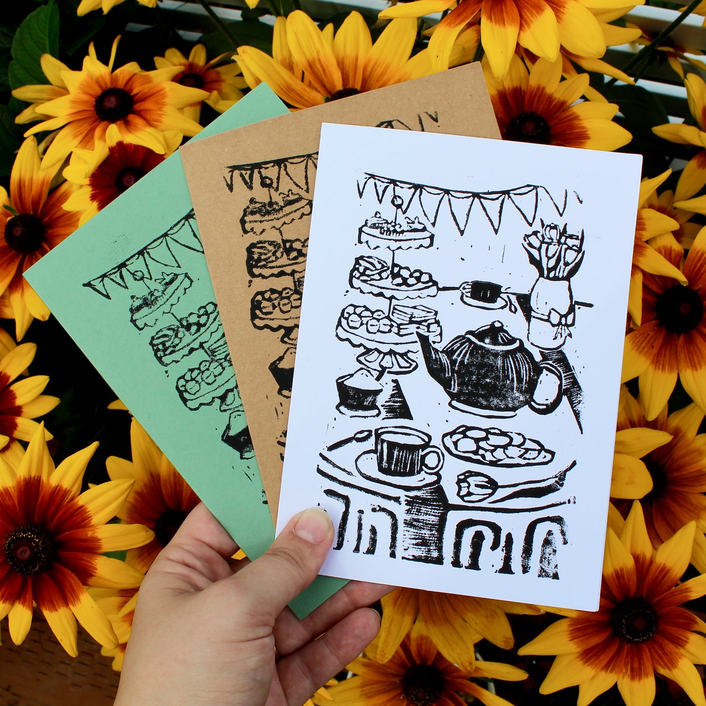 Tea Party Handmade Linocut Greeting Card