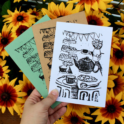 Tea Party Handmade Linocut Greeting Card