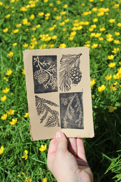 Pine Cone Handmade Linocut Print