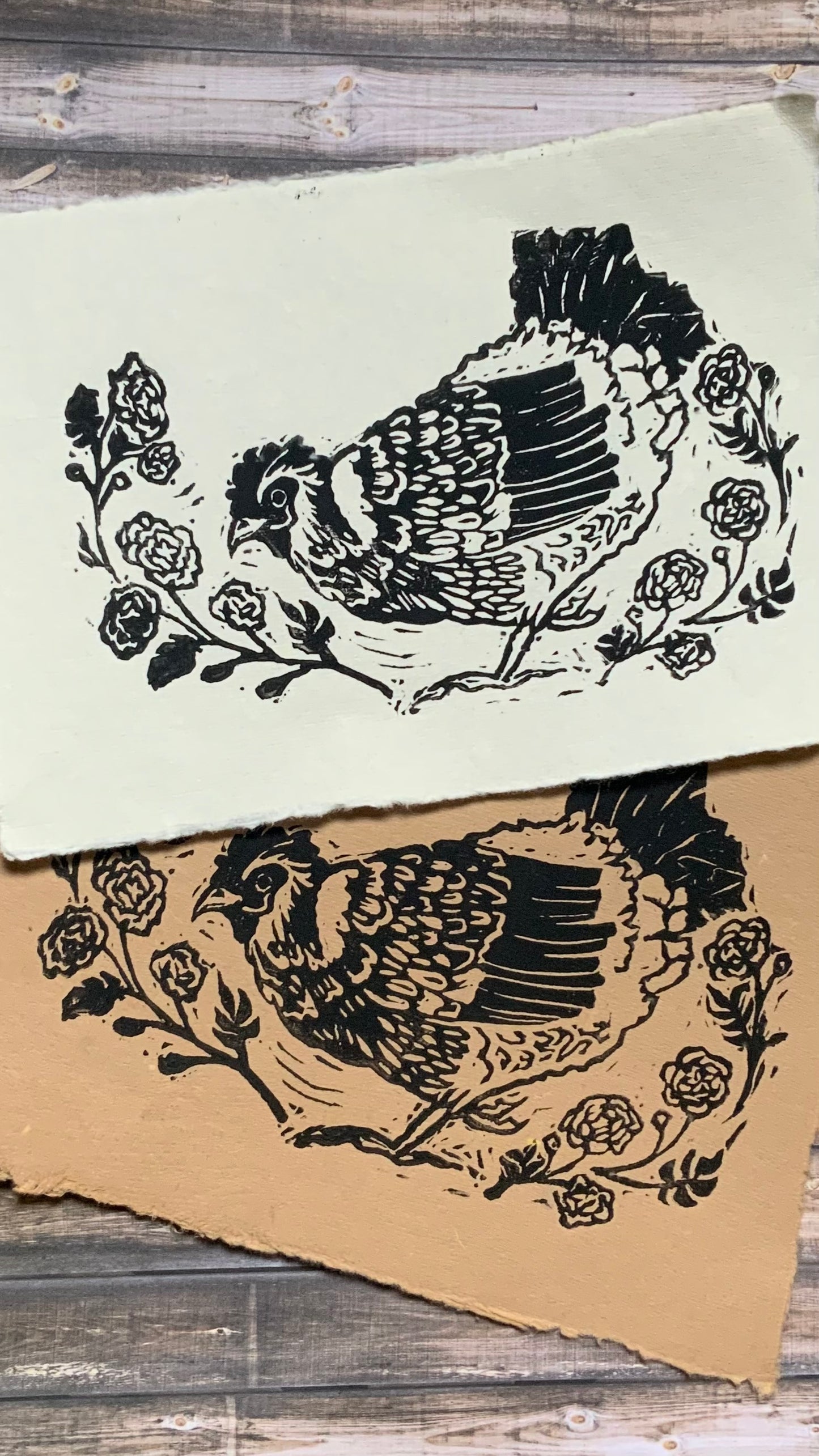 Happy Hen with Marigold Boarder Hndmade Linocut 5x7 Block Print