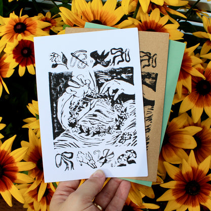 Crown of Flowers Handmade Linocut Greeting Card