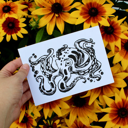 Inky Octopus Linocut Handmade Greeting Card