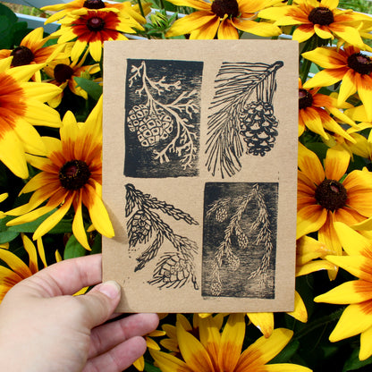 Evergreen Pinecone Handmade Linocut Greeting Card