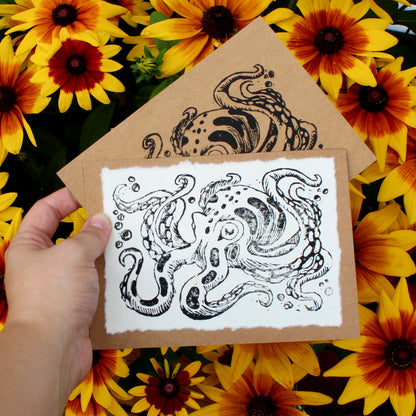 Inky Octopus Linocut Handmade Greeting Card