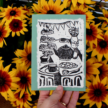 Tea Party Handmade Linocut Greeting Card