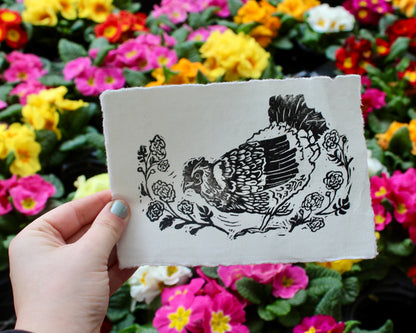 Happy Hen with Marigold Boarder Hndmade Linocut 5x7 Block Print