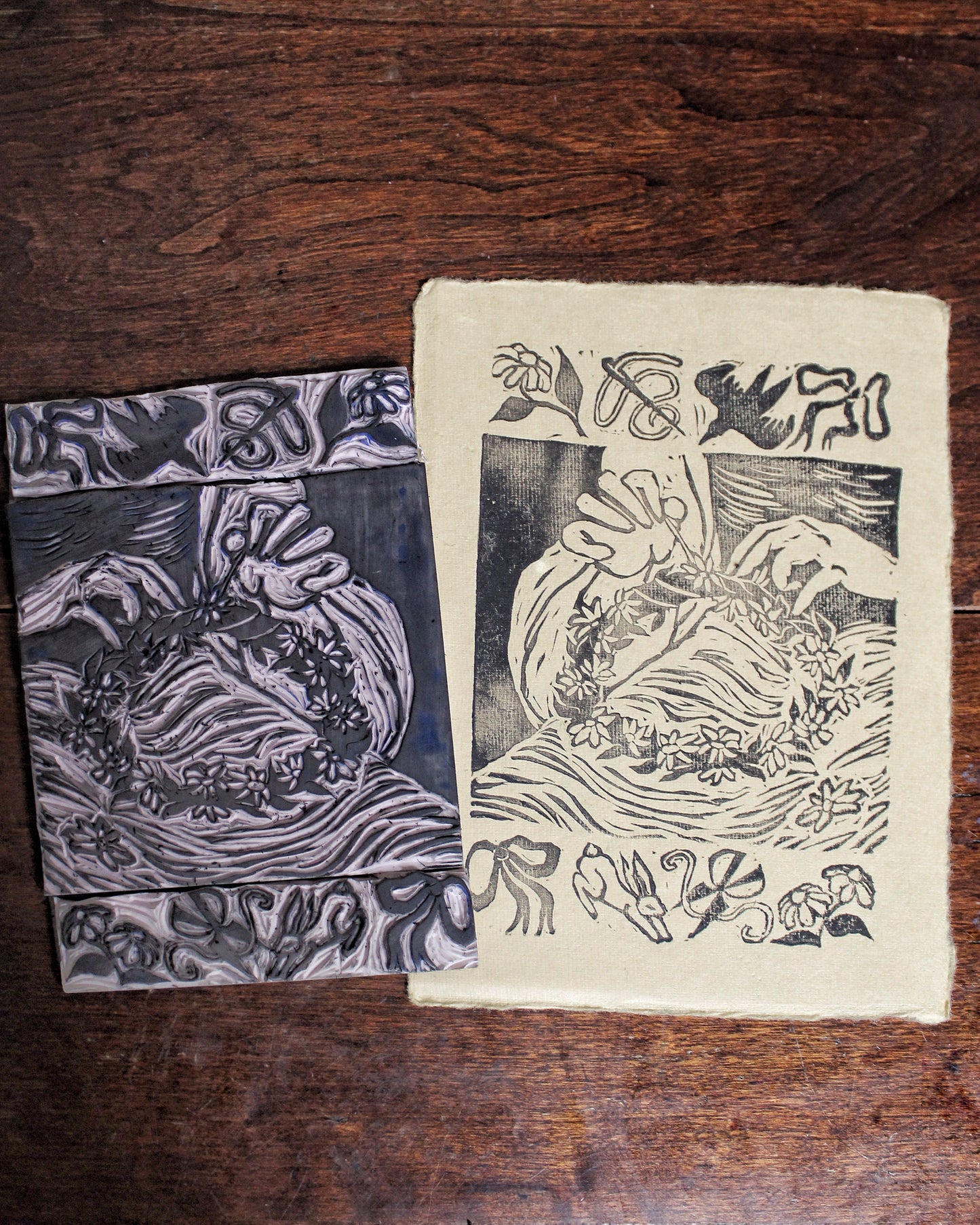 Flower Crown Handmade Linocut Print
