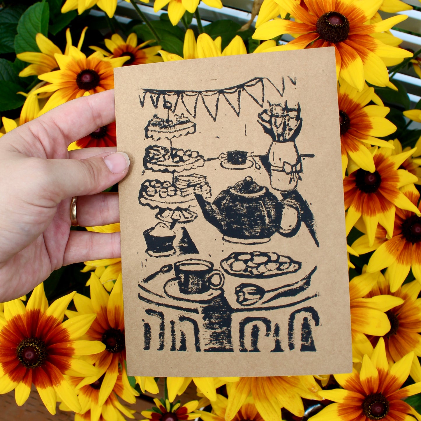 Tea Party Handmade Linocut Greeting Card