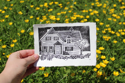 Cozy Cottage Handmade Linocut Print