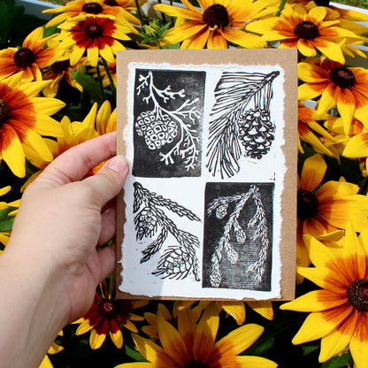 Evergreen Pinecone Handmade Linocut Greeting Card