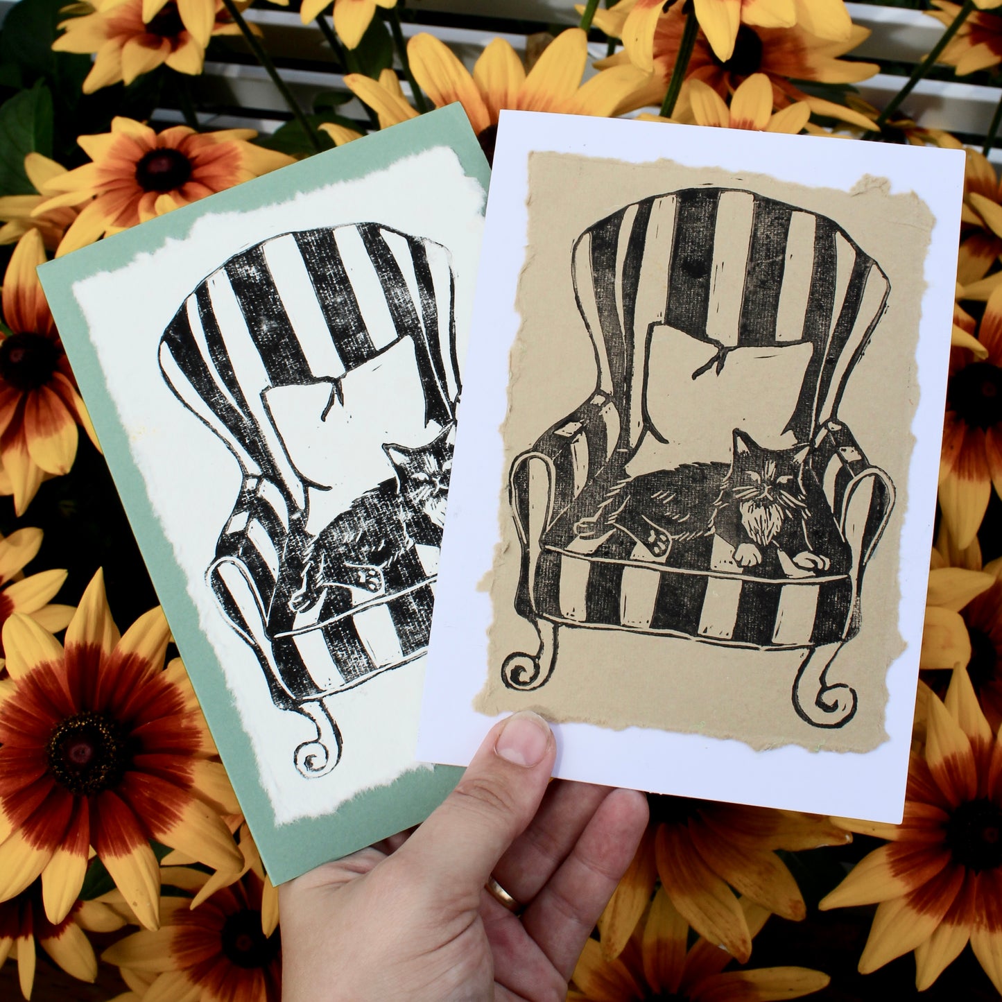 Cat in Vintage Chair Handmade Linocut Greeting Card