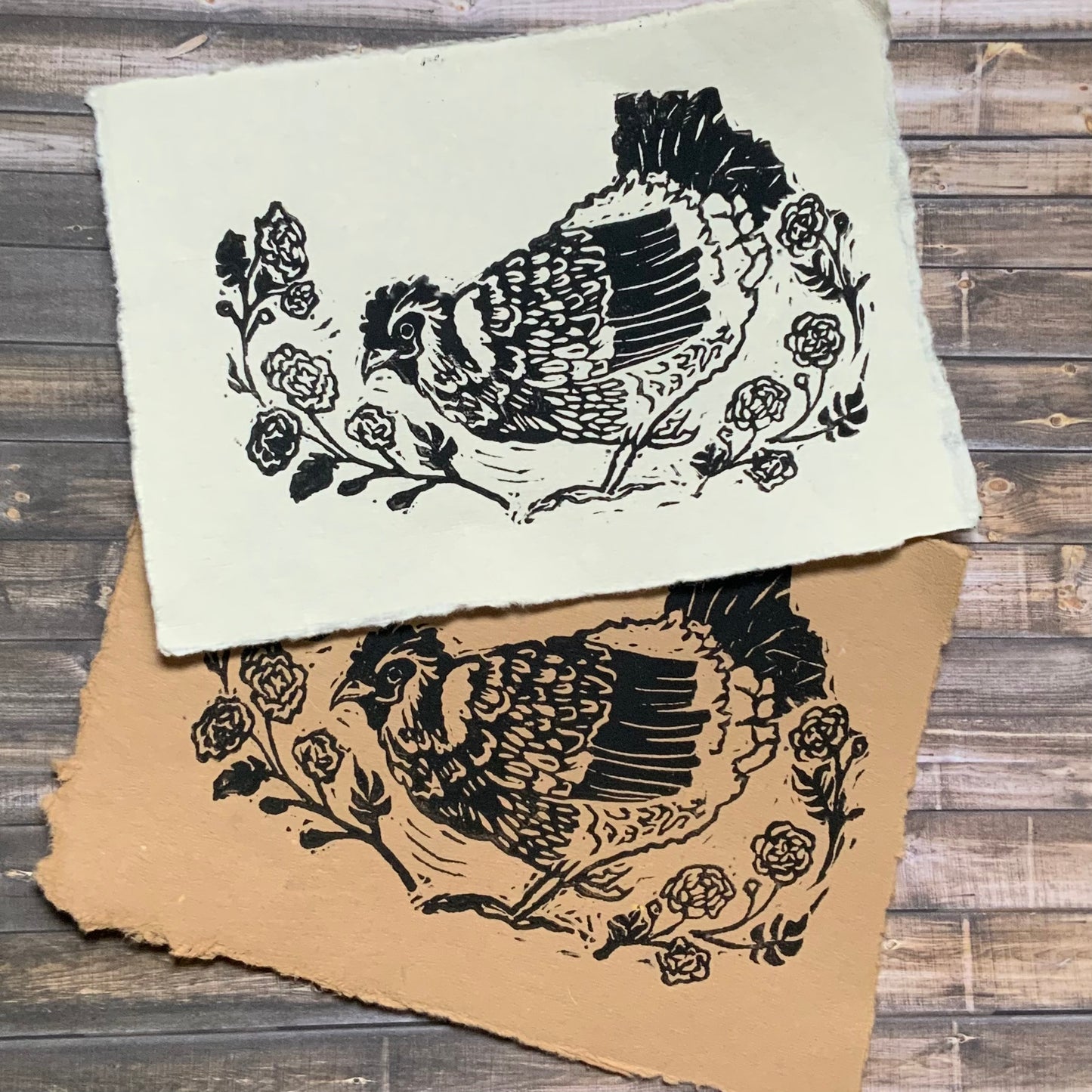 Happy Hen with Marigold Boarder Hndmade Linocut 5x7 Block Print