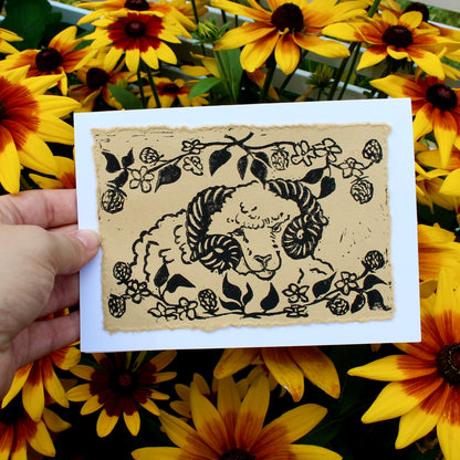 Blackberry Ram Handmade Linocut Greeting Card