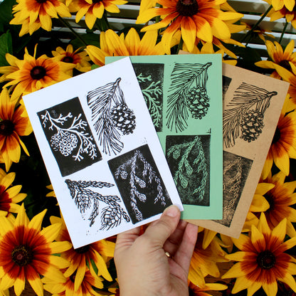 Evergreen Pinecone Handmade Linocut Greeting Card