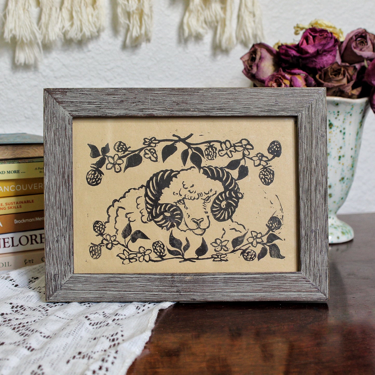 Rustic Blackberry Ram Handmade Linocut Print