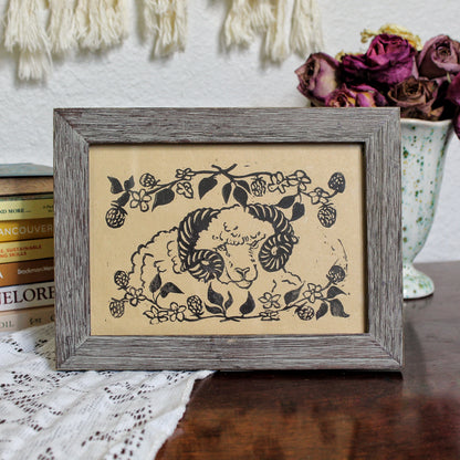 Rustic Blackberry Ram Handmade Linocut Print