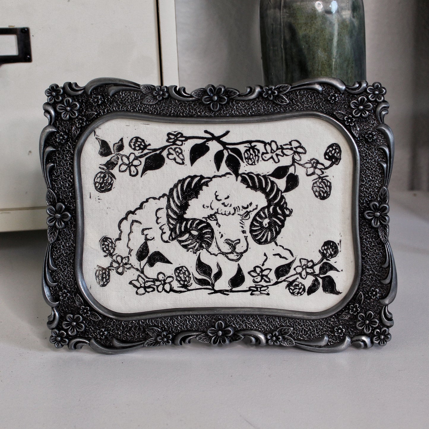 Rustic Blackberry Ram Handmade Linocut Print