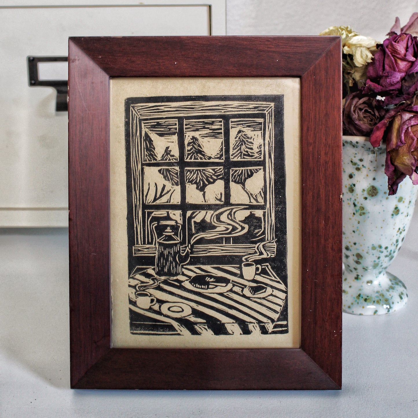 Kitchen Table Tea Handmade Linocut Print