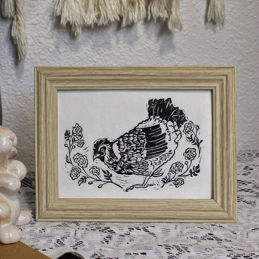 Happy Hen with Marigold Boarder Hndmade Linocut 5x7 Block Print