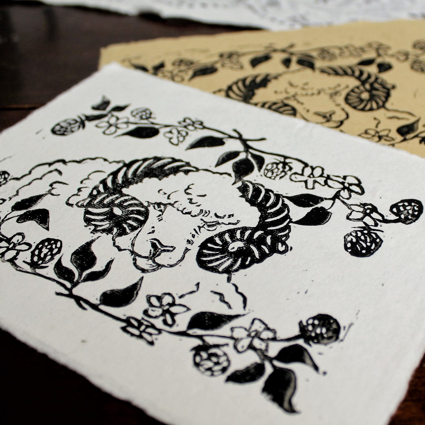 Rustic Blackberry Ram Handmade Linocut Print