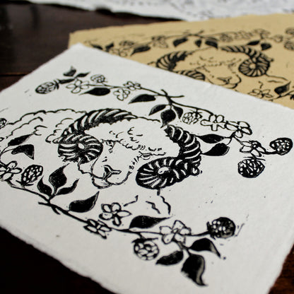 Rustic Blackberry Ram Handmade Linocut Print