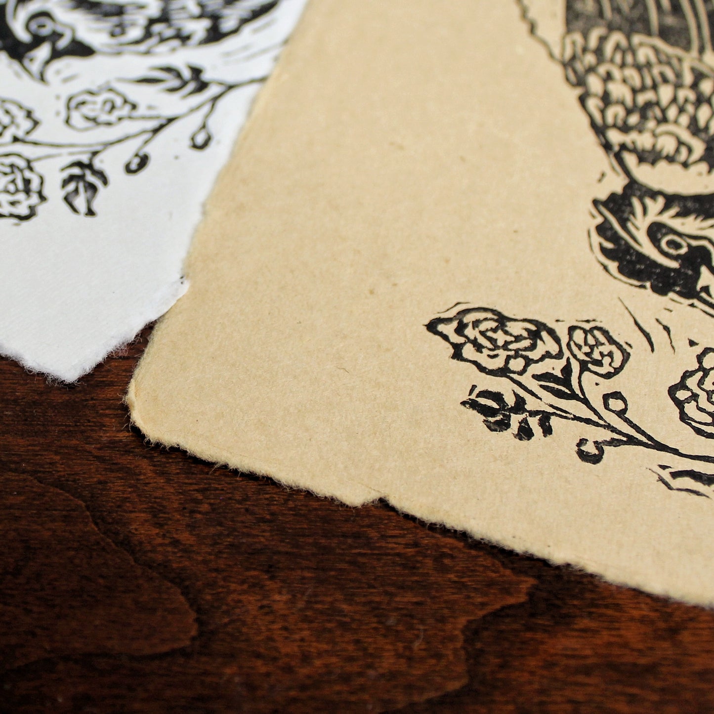 Happy Hen with Marigold Boarder Hndmade Linocut 5x7 Block Print