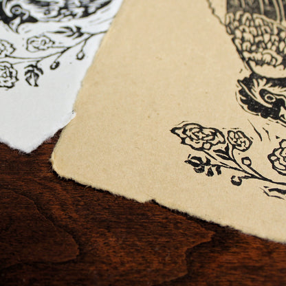 Happy Hen with Marigold Boarder Hndmade Linocut 5x7 Block Print