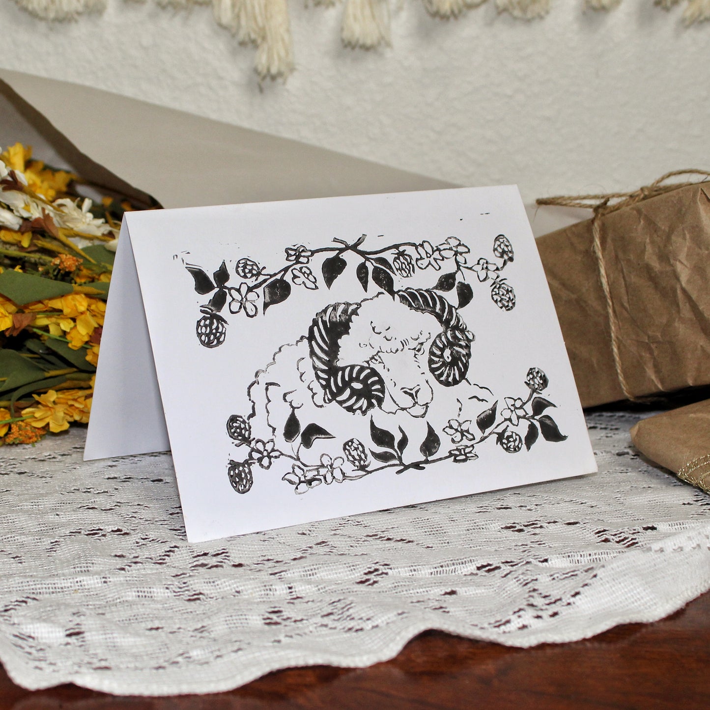 Blackberry Ram Handmade Linocut Greeting Card
