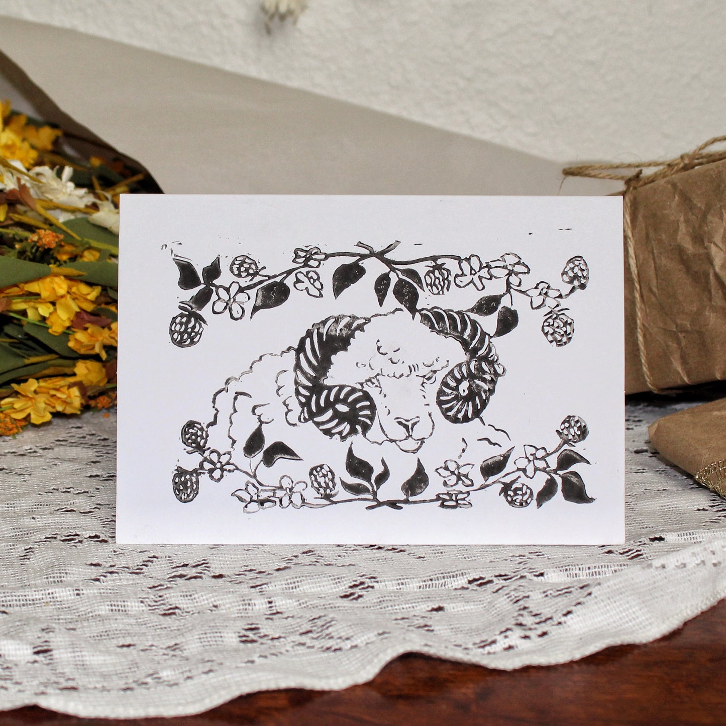 Blackberry Ram Handmade Linocut Greeting Card