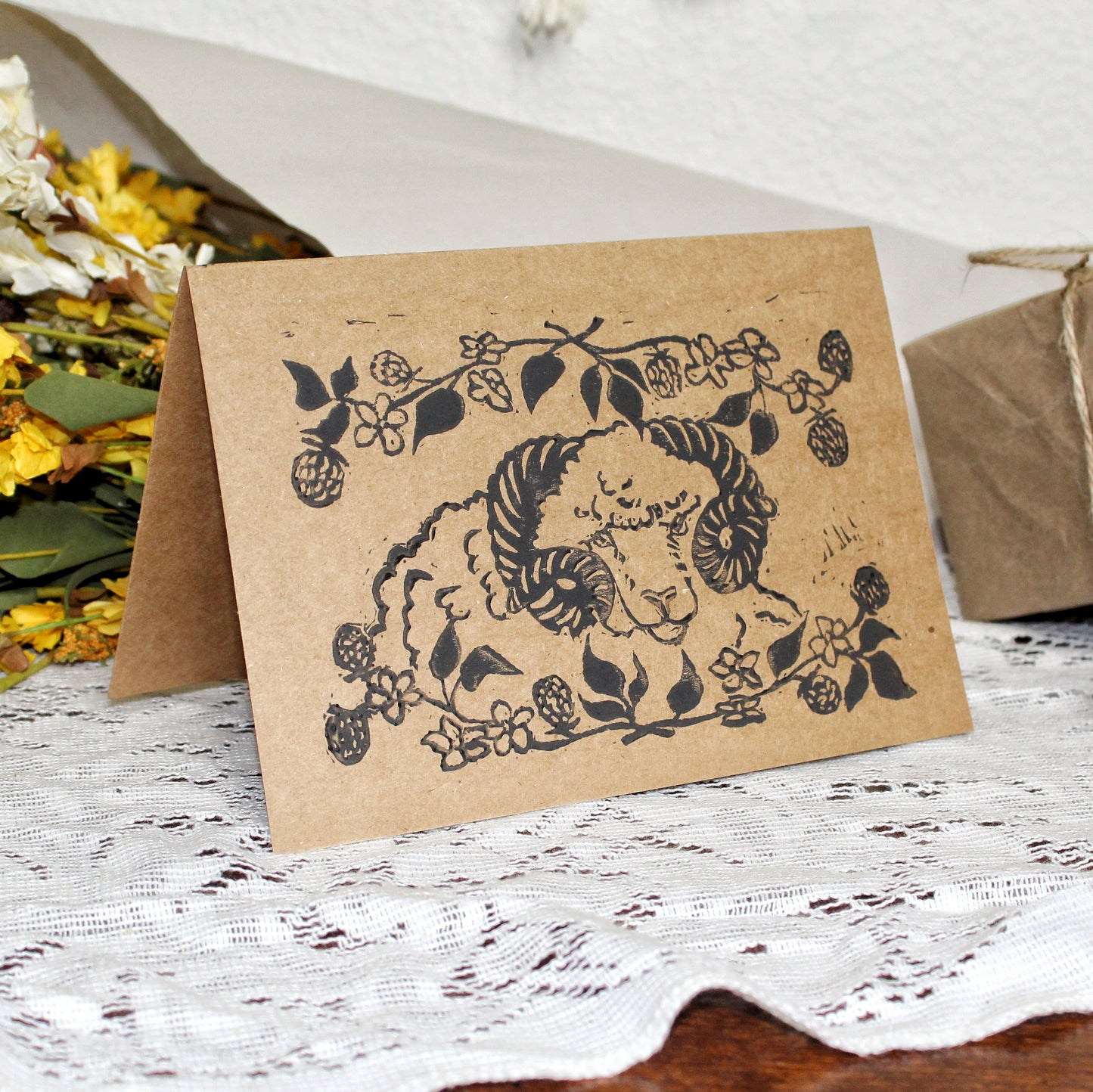 Blackberry Ram Handmade Linocut Greeting Card