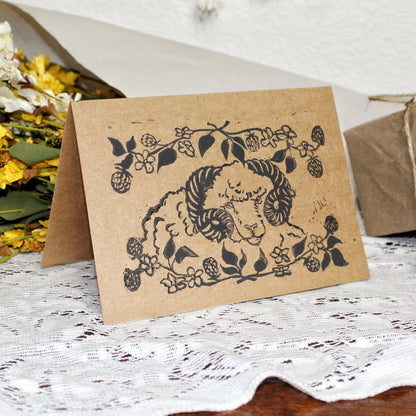 Blackberry Ram Handmade Linocut Greeting Card