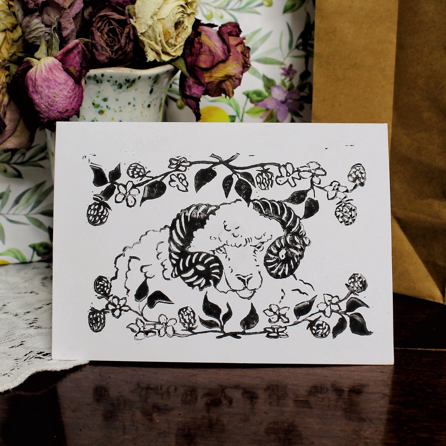 Blackberry Ram Handmade Linocut Greeting Card