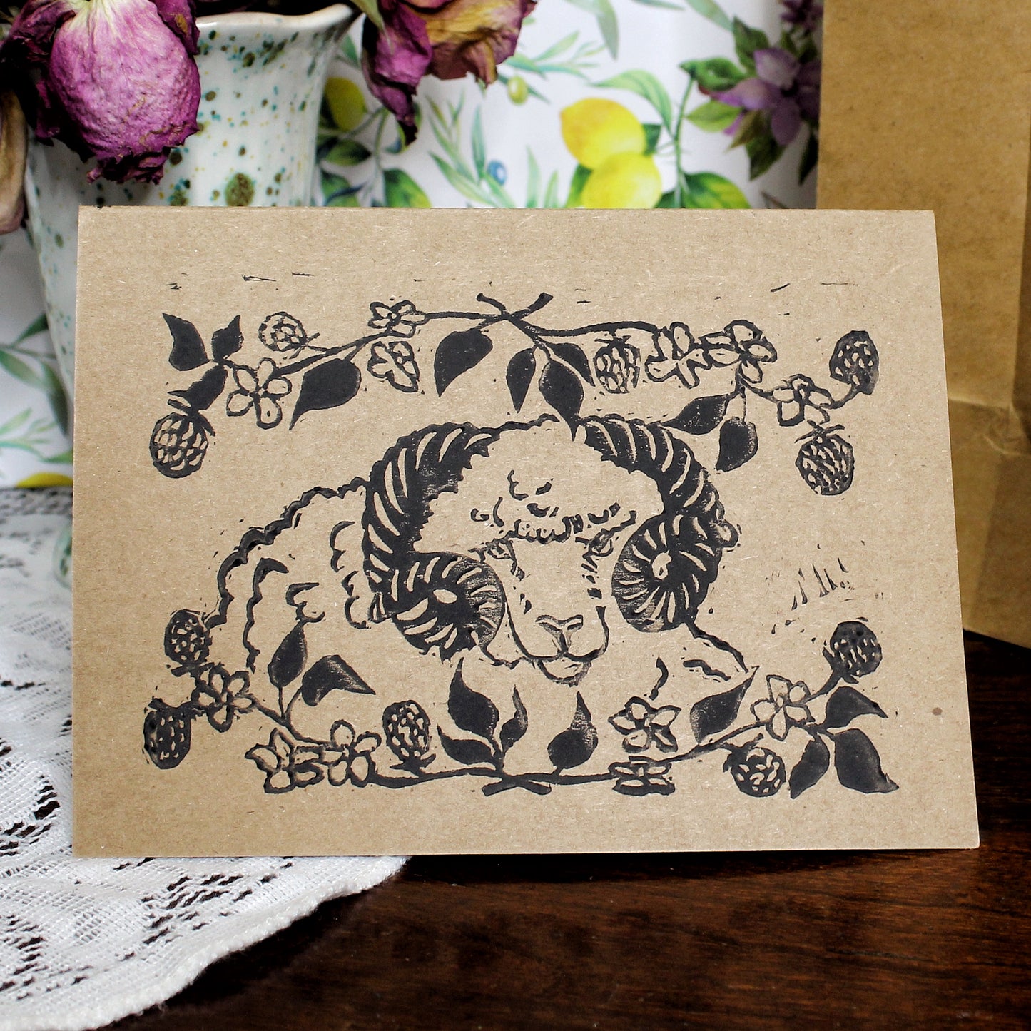 Blackberry Ram Handmade Linocut Greeting Card
