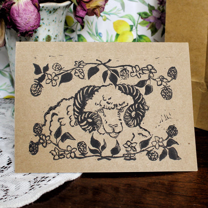 Blackberry Ram Handmade Linocut Greeting Card