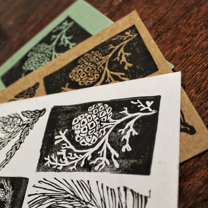 Evergreen Pinecone Handmade Linocut Greeting Card