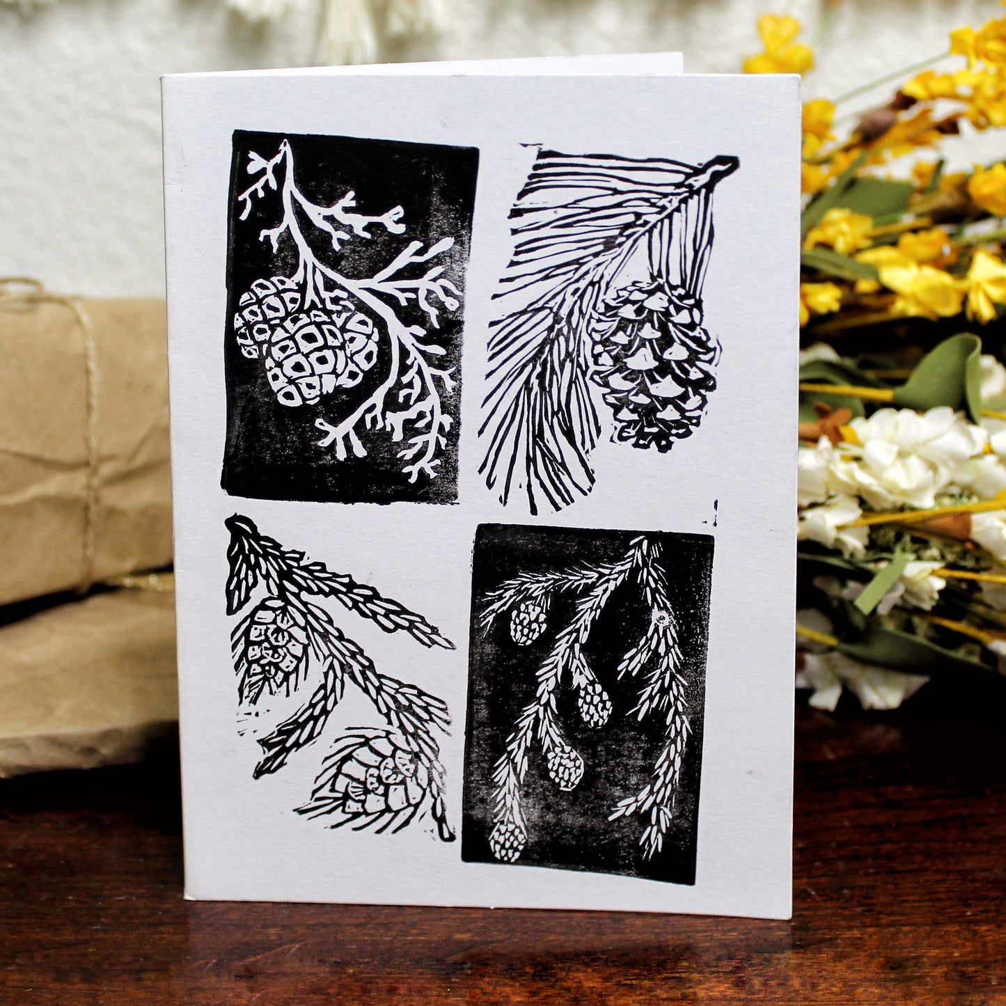 Evergreen Pinecone Handmade Linocut Greeting Card