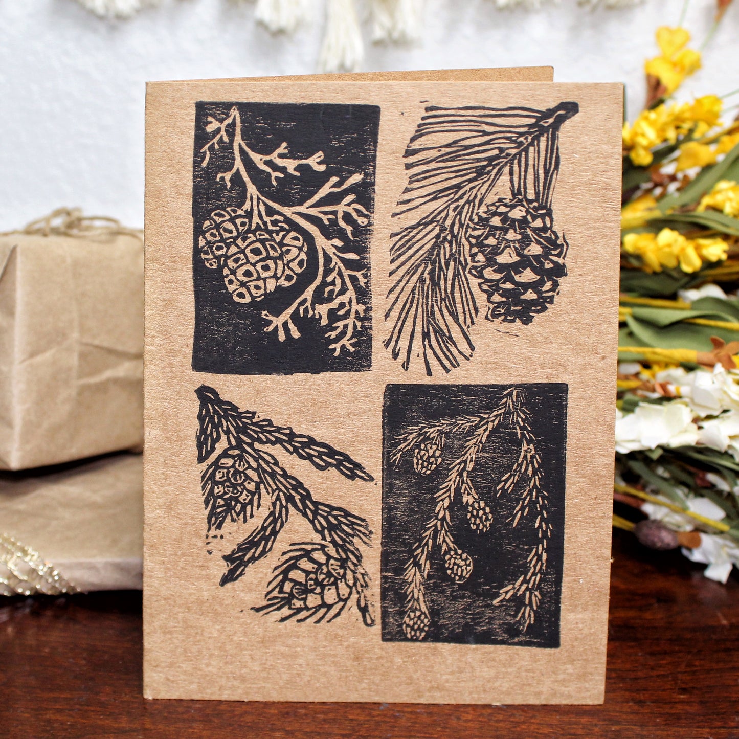 Evergreen Pinecone Handmade Linocut Greeting Card