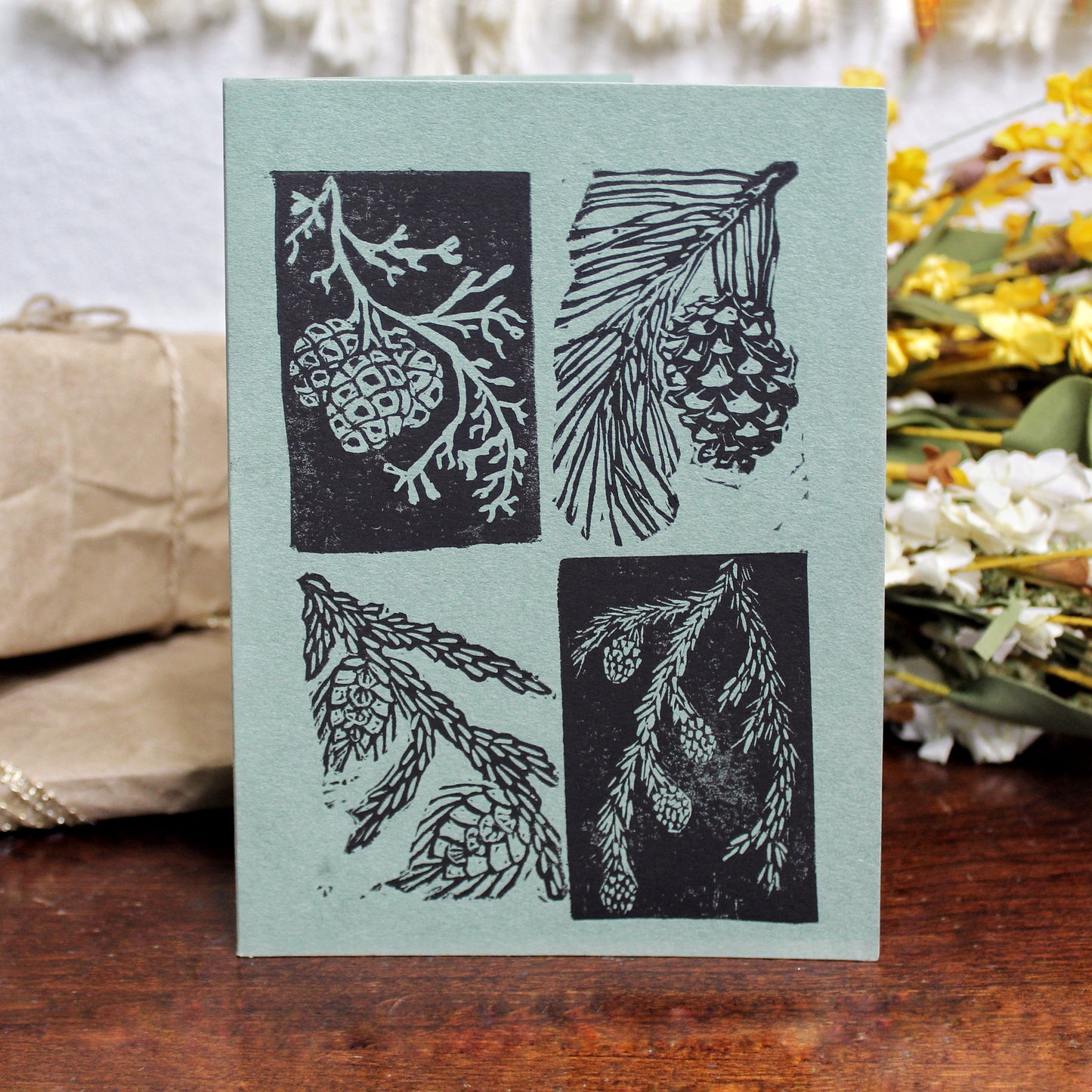Evergreen Pinecone Handmade Linocut Greeting Card