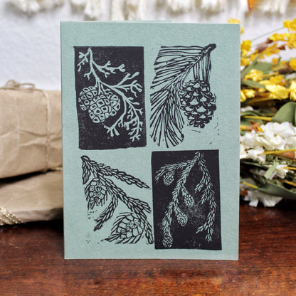 Evergreen Pinecone Handmade Linocut Greeting Card