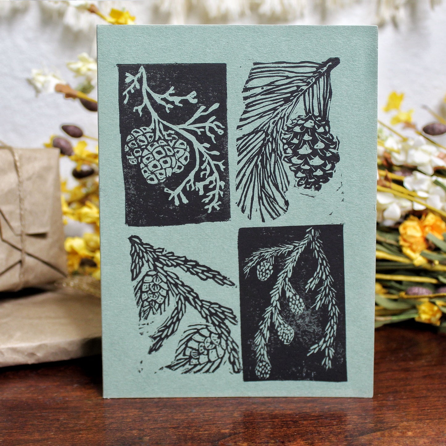 Evergreen Pinecone Handmade Linocut Greeting Card