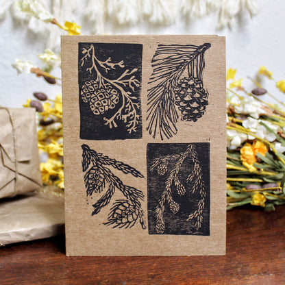 Evergreen Pinecone Handmade Linocut Greeting Card