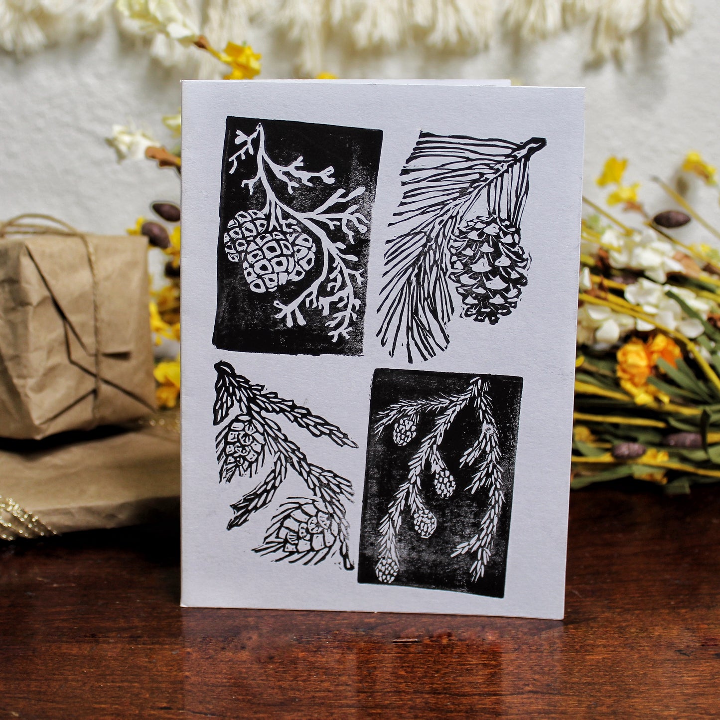 Evergreen Pinecone Handmade Linocut Greeting Card